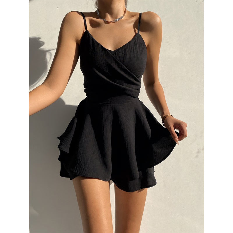 Slim Suspender Strap Sexy Dress, Solid Ruffles Romper, Summer Casual Threaded Slip Playsuits for Women, Elegant Cloths