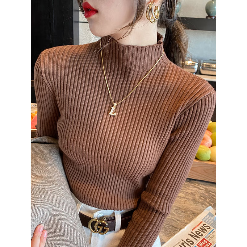 Women's Elegant Solid Basic Knitted Turtleneck Sweater, Long Sleeve Slim Pullover, Casual Korean Fashion Chic Clothes