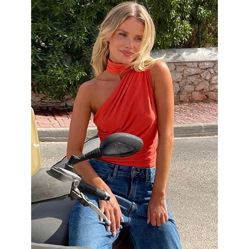 Vintage Backless Sexy Off Shoulder Halter Tank Top, Sleeveless Crop Top Women Casual Club Summer Clothes