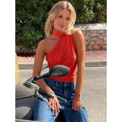 Vintage Backless Sexy Off Shoulder Halter Tank Top, Sleeveless Crop Top Women Casual Club Summer Clothes