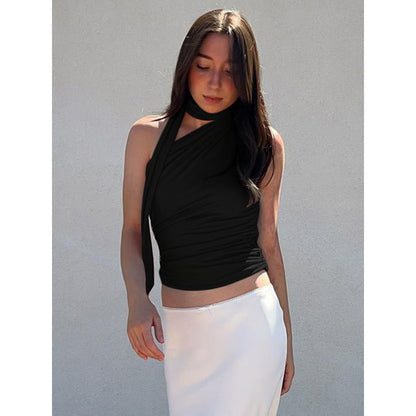 Vintage Backless Sexy Off Shoulder Halter Tank Top, Sleeveless Crop Top Women Casual Club Summer Clothes