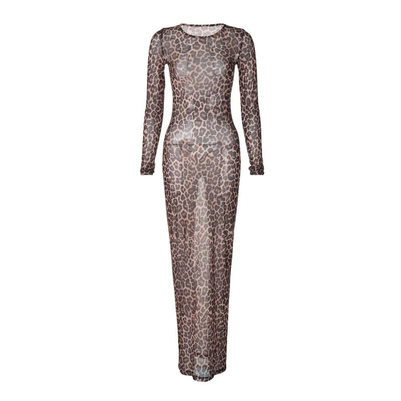 Sexy Elegant Maxi Dress, Printed Leopard Long Sleeve Dresses, Women Clothes Y2K Lady Party Club Streetwear