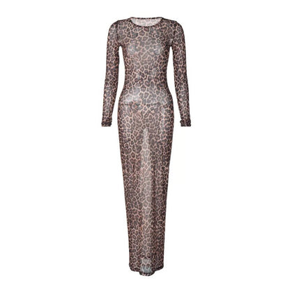 Sexy Elegant Maxi Dress, Printed Leopard Long Sleeve Dresses, Women Clothes Y2K Lady Party Club Streetwear