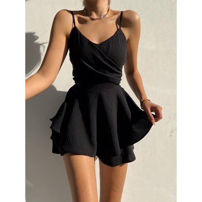 Slim Suspender Strap Sexy Dress, Solid Ruffles Romper, Summer Casual Threaded Slip Playsuits for Women, Elegant Cloths