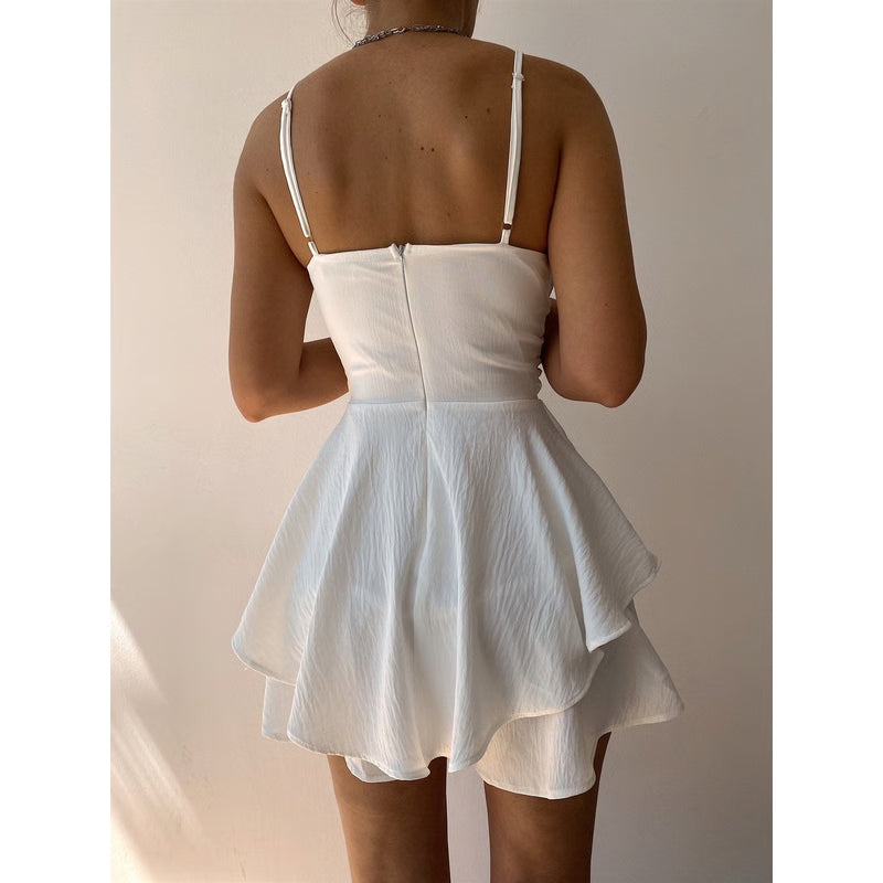 Slim Suspender Strap Sexy Dress, Solid Ruffles Romper, Summer Casual Threaded Slip Playsuits for Women, Elegant Cloths