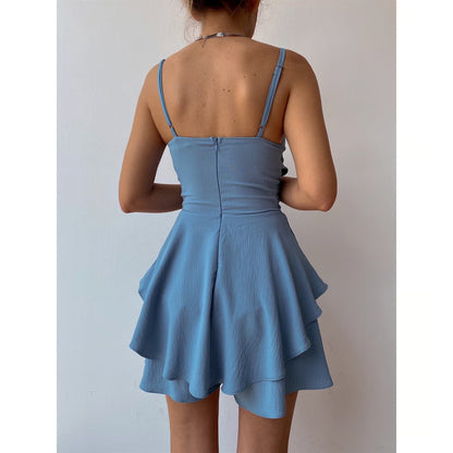 Slim Suspender Strap Sexy Dress, Solid Ruffles Romper, Summer Casual Threaded Slip Playsuits for Women, Elegant Cloths