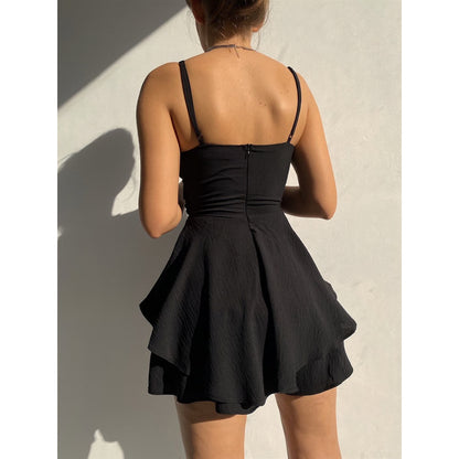 Slim Suspender Strap Sexy Dress, Solid Ruffles Romper, Summer Casual Threaded Slip Playsuits for Women, Elegant Cloths