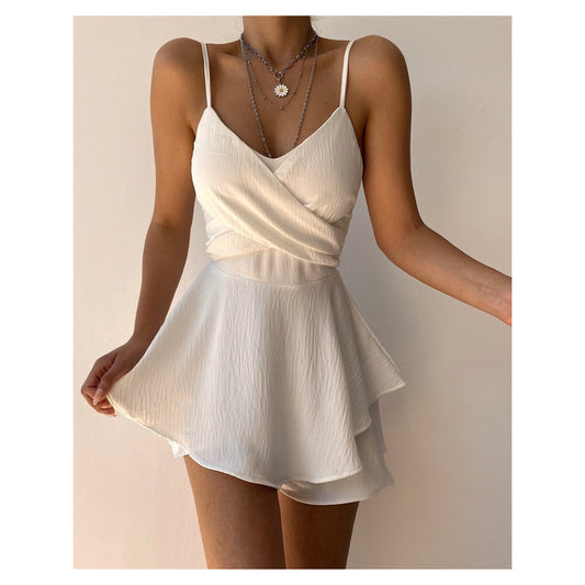 Slim Suspender Strap Sexy Dress, Solid Ruffles Romper, Summer Casual Threaded Slip Playsuits for Women, Elegant Cloths