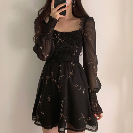 Women Sexy Black Chiffon Dress, Spring Vintage Flower Dress, Long Puff Sleeve Dresses, Korean Casual Mini Vestidos