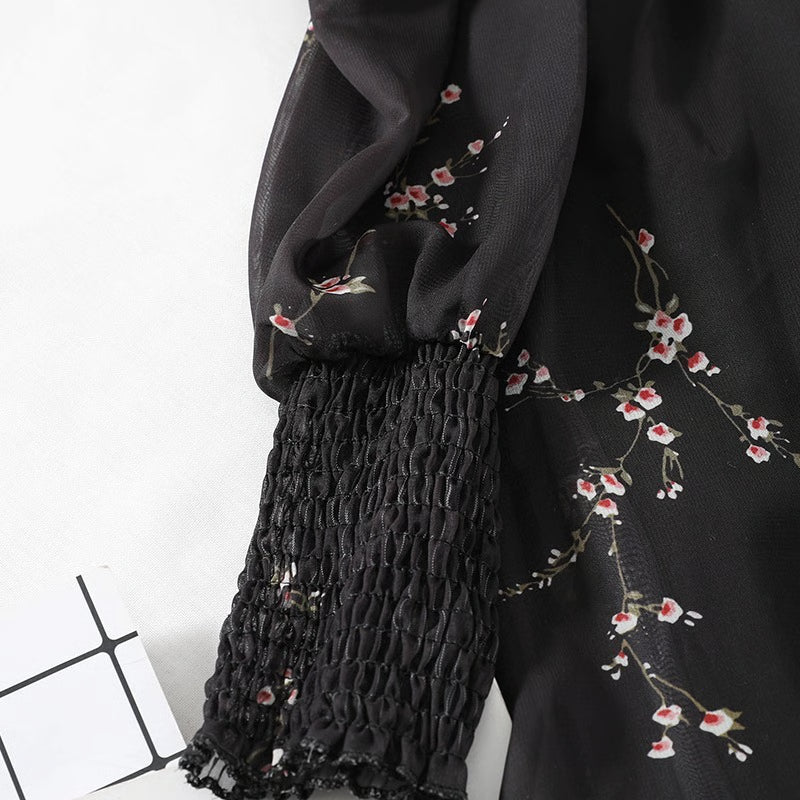 Women Sexy Black Chiffon Dress, Spring Vintage Flower Dress, Long Puff Sleeve Dresses, Korean Casual Mini Vestidos