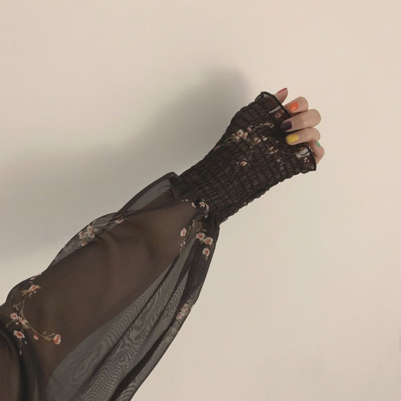 Women Sexy Black Chiffon Dress, Spring Vintage Flower Dress, Long Puff Sleeve Dresses, Korean Casual Mini Vestidos