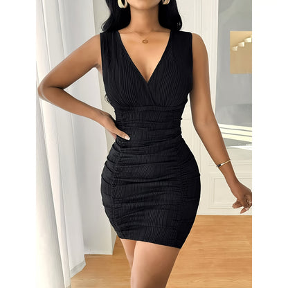 Women's Large Size Directional Elastic Ribbed V-Neck Slimming Jumpsuit with Cinched Waist