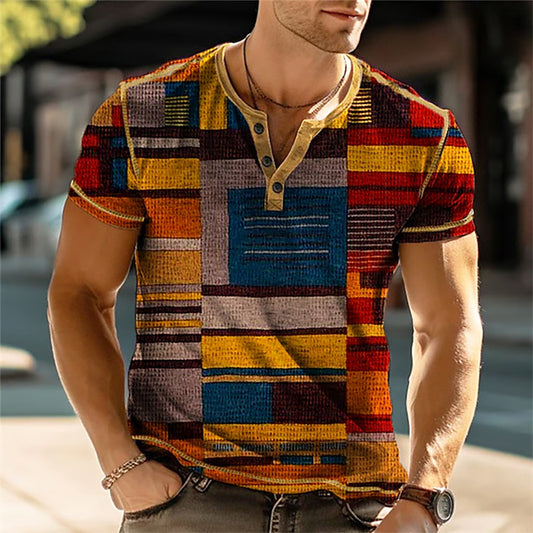 Mens Summer Color Block Vintage Henley Shirts, Casual Patchwork 3D Print Short Sleeve Button-Down T Shirt, Fashion Tees