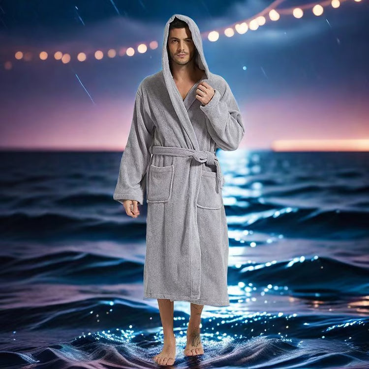 Big and Tall Towel Bathrobe for Men, Hooded Cotton Terry Cloth Robe, Long Terry Towel Bathrobe