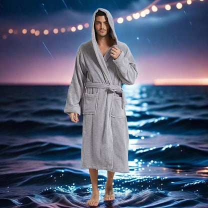 Big and Tall Towel Bathrobe for Men, Hooded Cotton Terry Cloth Robe, Long Terry Towel Bathrobe