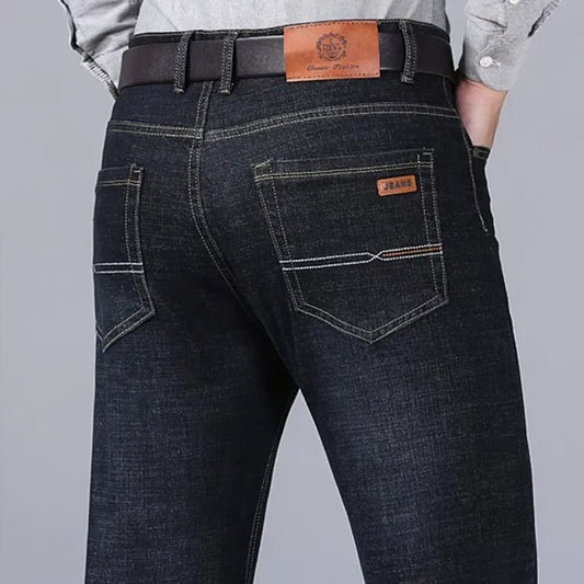 Mens Classic Black Denim Jeans Soft Straight Fit Casual Pants