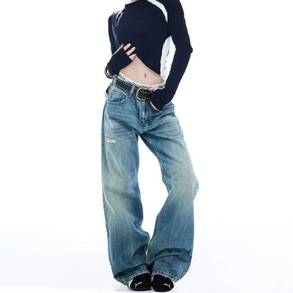 Womens High Waist Ripped Flared Jeans Y2K Street Style Denim Pants