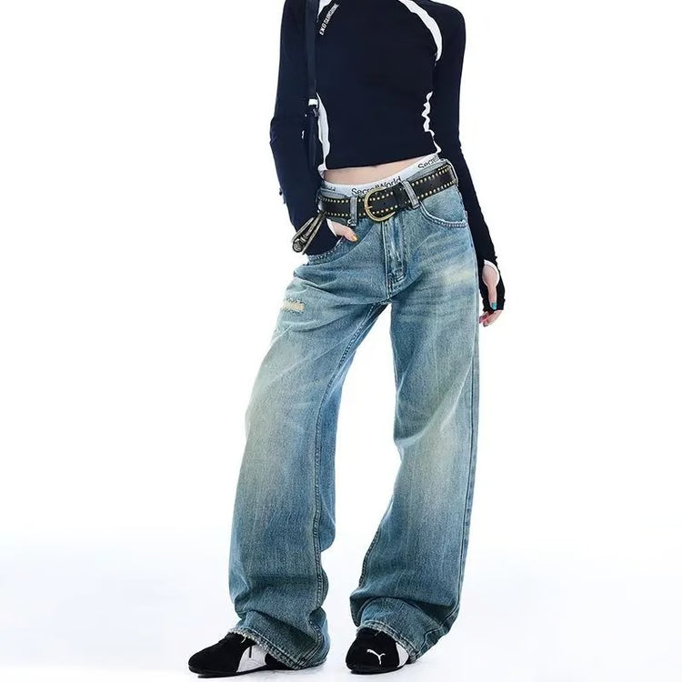 Womens High Waist Ripped Flared Jeans Y2K Street Style Denim Pants