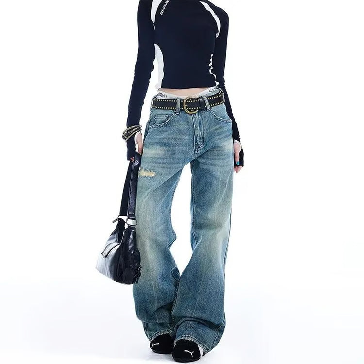 Womens High Waist Ripped Flared Jeans Y2K Street Style Denim Pants