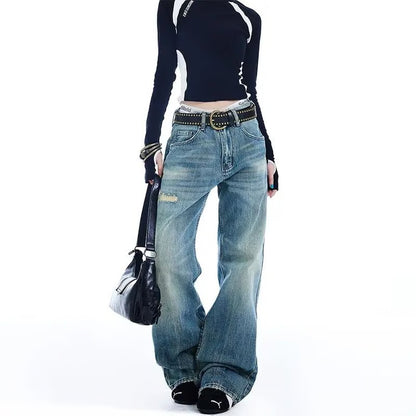 Womens High Waist Ripped Flared Jeans Y2K Street Style Denim Pants