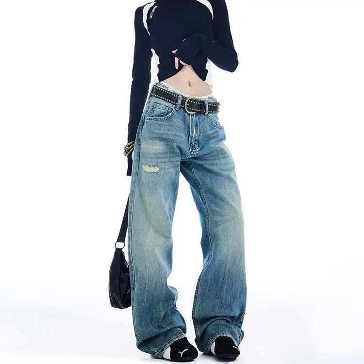 Womens High Waist Ripped Flared Jeans Y2K Street Style Denim Pants
