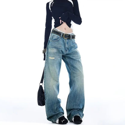 Womens High Waist Ripped Flared Jeans Y2K Street Style Denim Pants