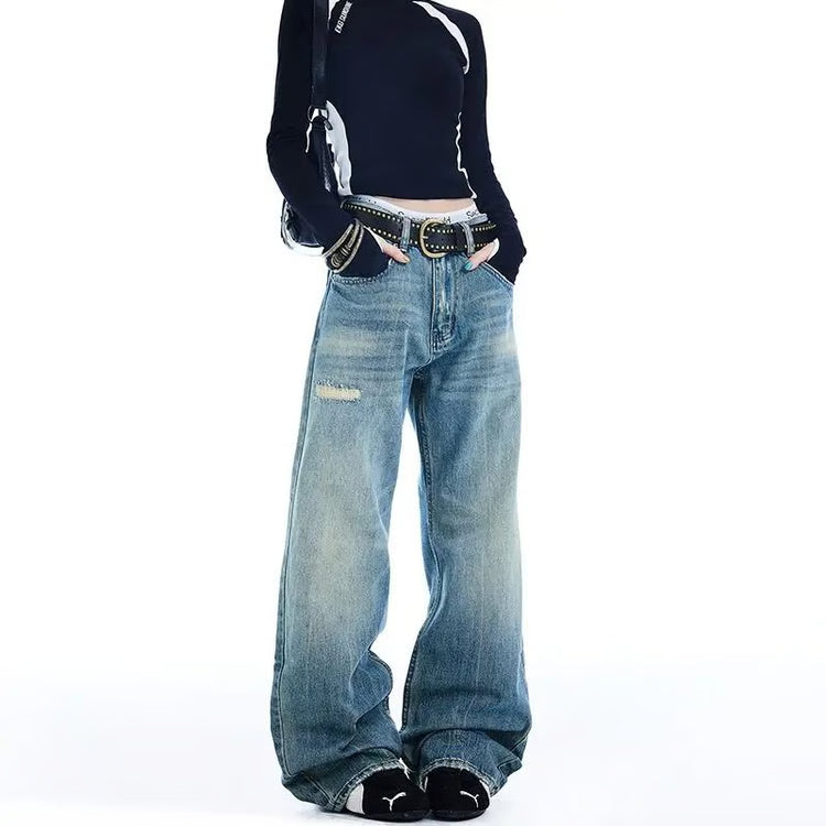Womens High Waist Ripped Flared Jeans Y2K Street Style Denim Pants