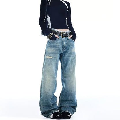 Womens High Waist Ripped Flared Jeans Y2K Street Style Denim Pants