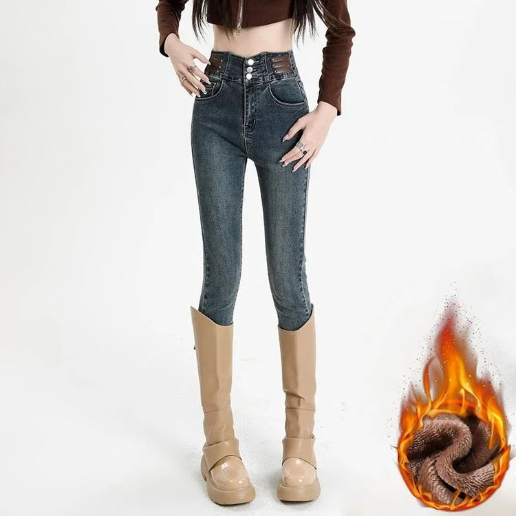 Womens High Waist Fleece Lined Skinny Jeans Warm Stretch Winter Denim Pants