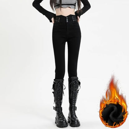 Womens High Waist Fleece Lined Skinny Jeans Warm Stretch Winter Denim Pants