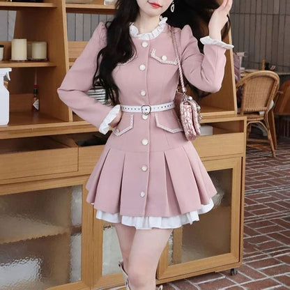 Y2K Vintage Belt Mini Dress Pink Pleated Kawaii Party Dress for Women
