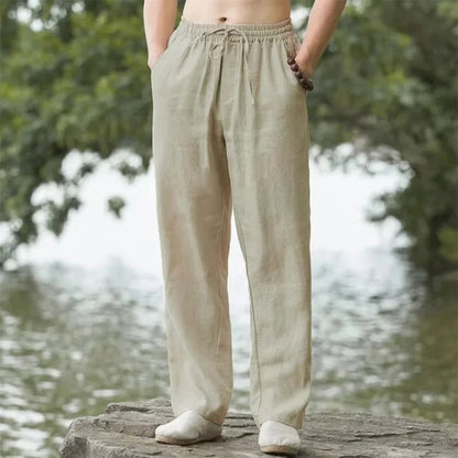 Men Summer Cotton Linen Beach Pants Casual Loose Joggers