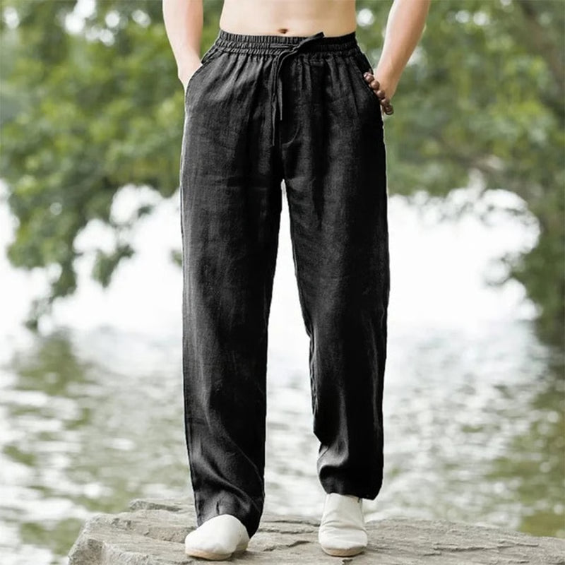 Men Summer Cotton Linen Beach Pants Casual Loose Joggers