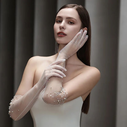 Pearl Beaded Bridal Gloves – Opera Length Tulle Wedding Gloves for Brides
