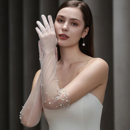 Pearl Beaded Bridal Gloves – Opera Length Tulle Wedding Gloves for Brides