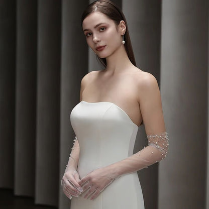Pearl Beaded Bridal Gloves – Opera Length Tulle Wedding Gloves for Brides